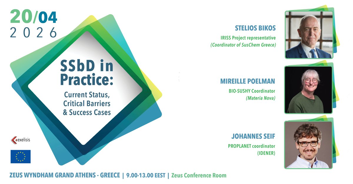 exelisis's tweet image. ✨🔬Our speaker lineup for #SSbD in Practice #workshop continues to grow. We welcome Stelios Bikos IRISS, Mireille Poelman BIO-SUSHY and Johannes Seif @PROPLANETeu.

Register now:  mailchi.mp/74681107abd8/s…🌍

#COATINGS2026 #SustainabilityByDesign #EUProjects #CircularEconomy