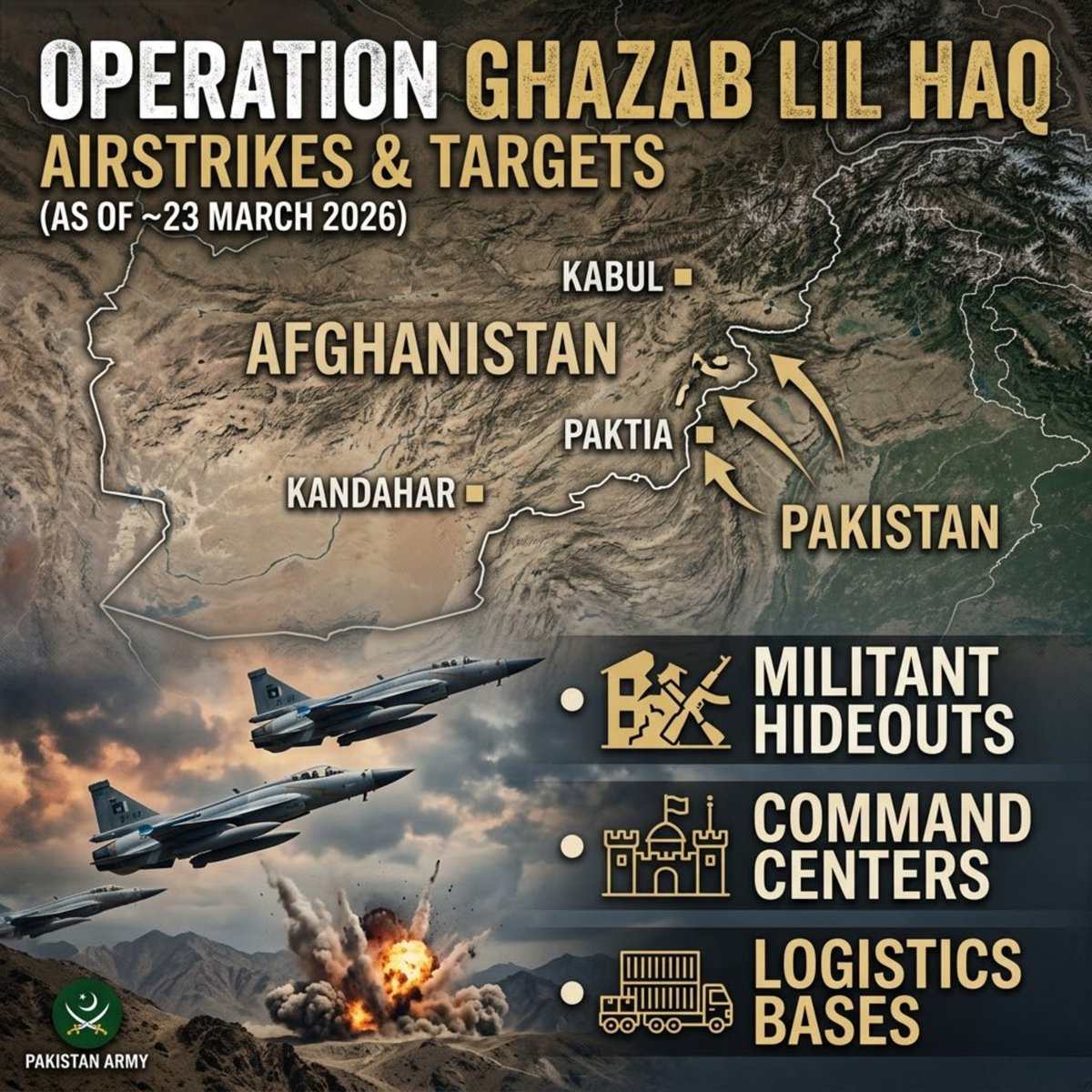 Ikram849627's tweet image. #OperationGhazabLilHaq Update: Pakistan carried out large-scale airstrikes across Afghanistan targeting militant hideouts, command centers &amp;amp; logistics bases in Kandahar, Kabul, Paktia &amp;amp; eastern regions.#MeriMittiMeriJaan #PakistanStrong