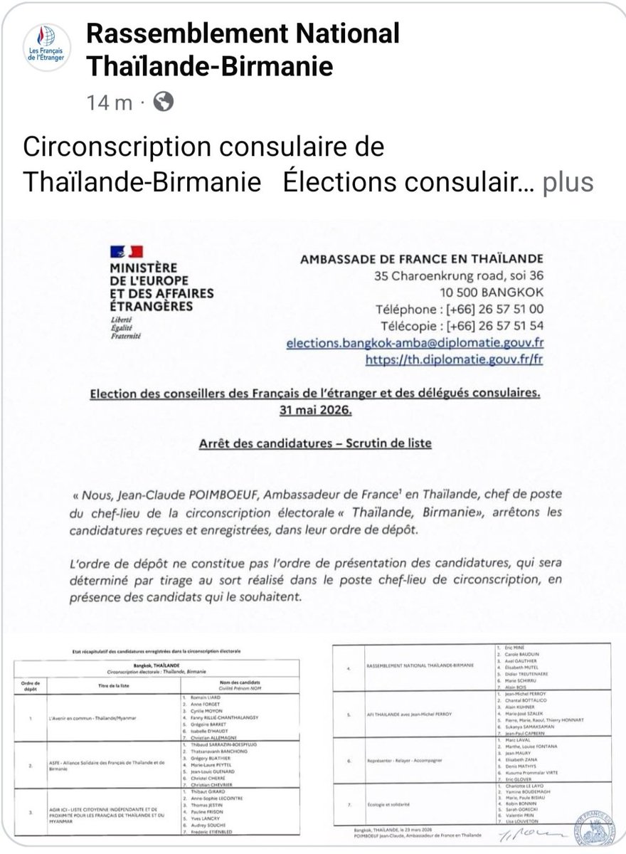 Élections consulaires 🇫🇷
Thaïlande-Birmanie / Arrêt des candidatures.
Élu sortant, je suis candidat tête de liste pour le <a href="/RNational_off/">Rassemblement National</a>
#Consulaires2026 
#FrançaisdelÉtranger 
<a href="/RNetranger/">Français de l'Étranger | Rassemblement National</a> 🇫🇷