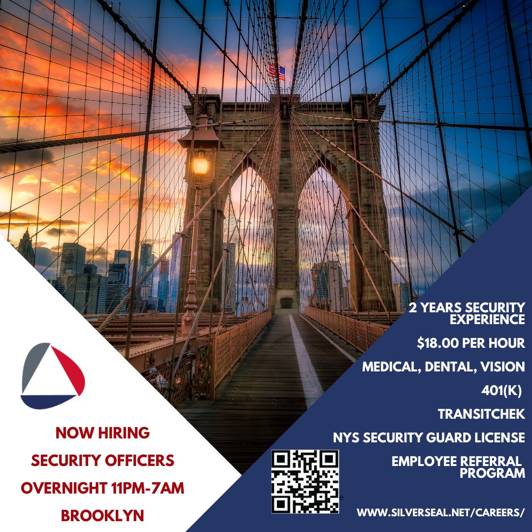 SilverSEAL_'s tweet photo. We are hiring overnight #SecurityOfficers for our Brooklyn locations. Join our team! Apply at https://t.co/2zCqDpS3eA

#Silverseal #Careers #Security #SecurityOfficer #JoinOurTeam #NowHiring #WeAreHiring #NYCjobs #SecurityGuard #Hiring #Fireguards #NYC #NewYork #Brooklyn https://t.co/GEHst7ghxY