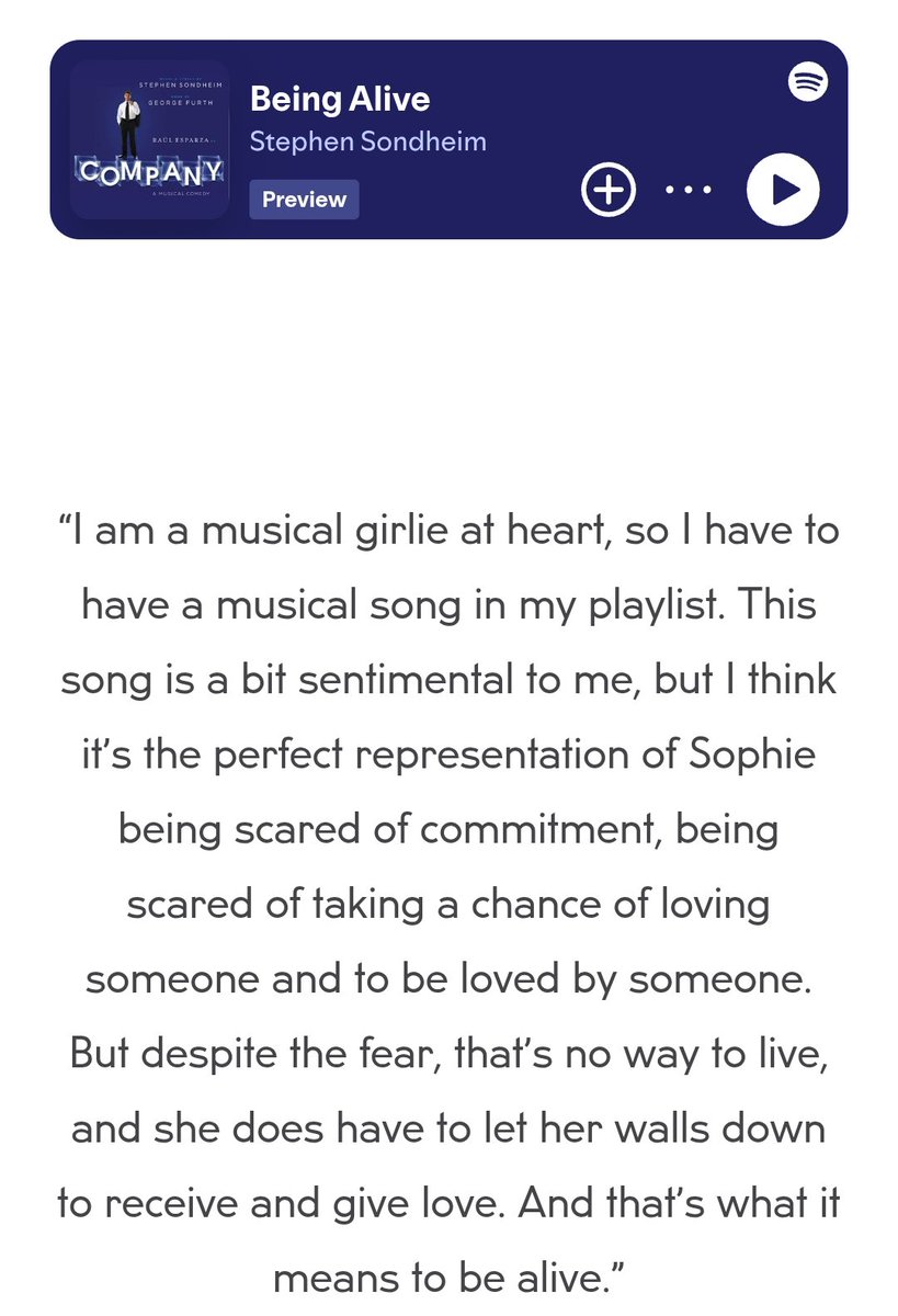 erikista's tweet image. Luke: I'd love to be Bobby in Company 

🤝🏻

Yerin including "Being Alive" sung by Bobby in Company on her Sophie Playlist

🩵