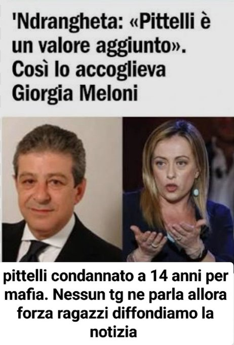<a href="/GiorgiaMeloni/">Giorgia Meloni</a> andate a casa che poi forse non potrete andarci più con tutti i vasi che si scoperchieranno
#melonisquallidabugiarda #mafiapolitique