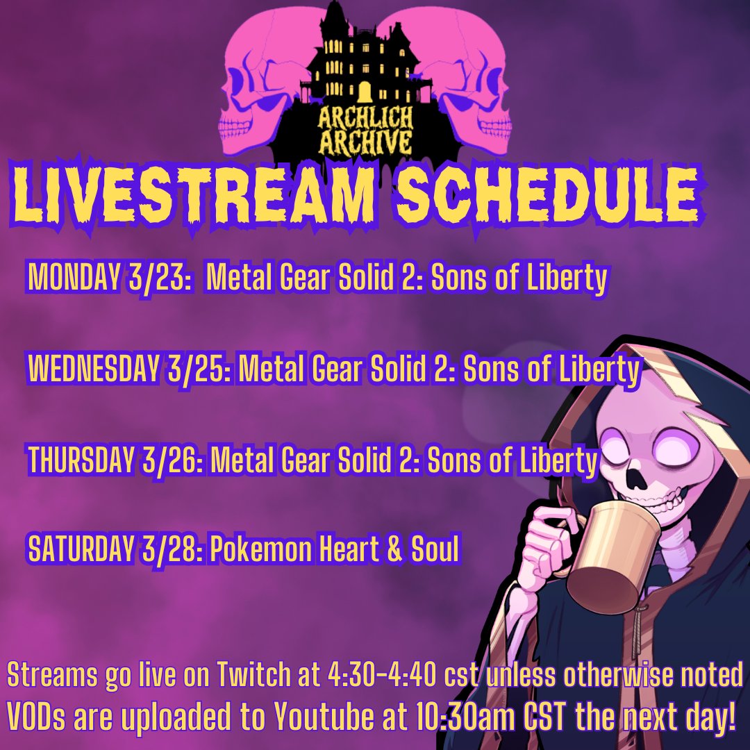 archlicharchive's tweet photo. Hey Skeleton Crew! It's time to check back in with Snake and Otacon this week, as we dive into Metal Gear Solid 2:  Sons of Liberty! We'll also be continuing the IKEA run in Pokémon Heart and Soul.

I'm excited to see you all this week! 

https://t.co/3CgCWCZway https://t.co/Yb115aGaL2