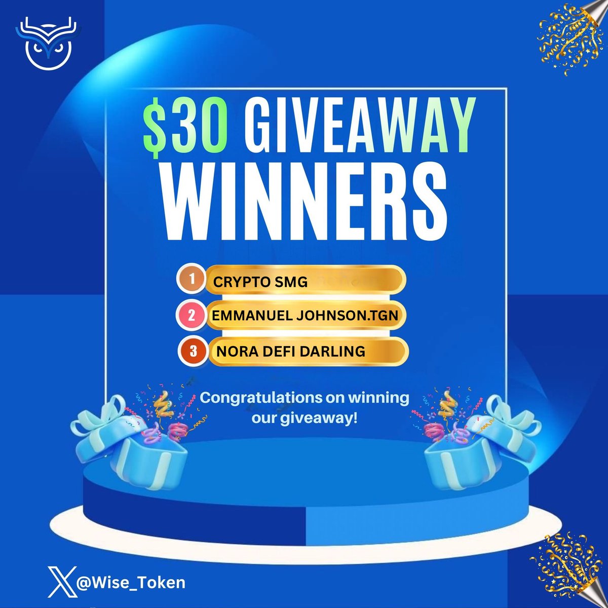 Congratulations to the winners of $30 in $WISE token from today’s space with <a href="/Wise_Token/">WISE</a>

<a href="/0xNoraFi/">Nora✨DeFi Darling</a> 
<a href="/Emmyadex359/">Emmanuel Johnson.tgn</a> 
<a href="/crypto_foodie22/">CRYPTO_SMG🍝📊</a> 

Pls send <a href="/Wise_Token/">WISE</a> a dm to claim rewards

More fire  session and giveaway$$$ coming up stay locked in 

STAY WISE