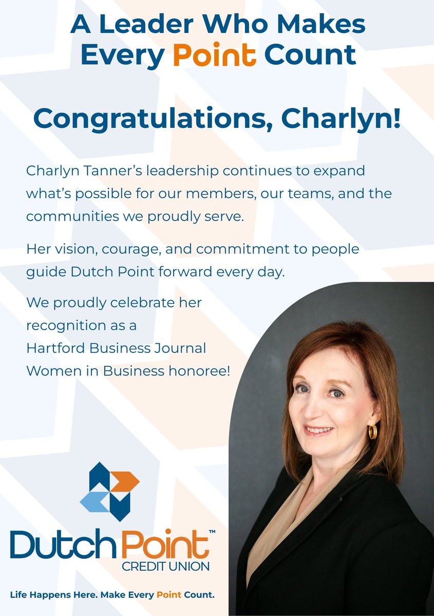 DutchPointCU's tweet photo. Our President &amp; CEO, Charlyn Tanner, has been named a 2026 Women in Business honoree by the Hartford Business Journal! Charlyn leads with clarity, compassion, &amp; a commitment to people, shaping our organization &amp; how we show up for our members &amp; communities.
Congrats, Charlyn! https://t.co/xo1MNfy5Vd