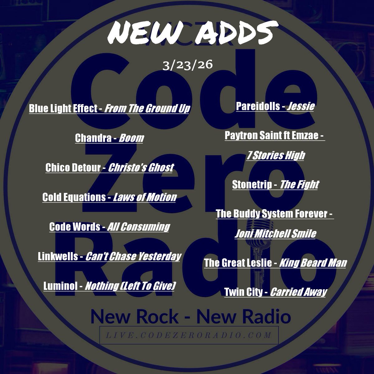 CodeZeroRadio's tweet image. Spring into the season with shiny new music! 
Now in rotation PLUS featured on Fresh Rocks, Monday thru Friday 12 pm CST/ 2 pm EST - 11 am PST - 7 pm London - 8 pm Berlin
---&amp;gt; 7 pm Tokyo - 9 pm Sydney Tuesday thru Saturday!
#playlist #newrock  #radio #live365 #codezeroradio