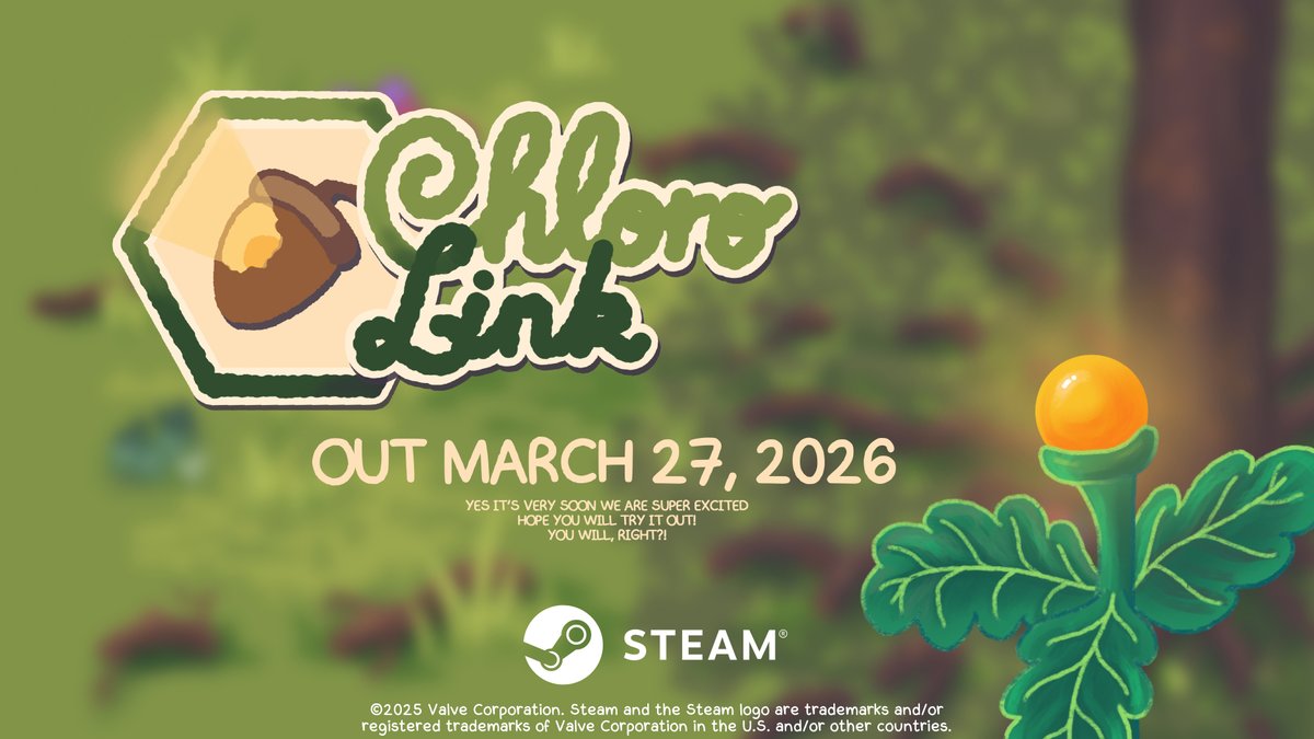 Laywelin's tweet photo. ✨ChloroLink will be out in a few days!✨
After 9 months, our game will be out March 27, 2026 on Steam🥰SHARE THE NEWS AROUND YOU!

ChloroLink is a cute relaxing exploration &amp; management game where you explore 4 biomes using plants! Already explored a world by connecting flowers? https://t.co/4KzaxDtXtx