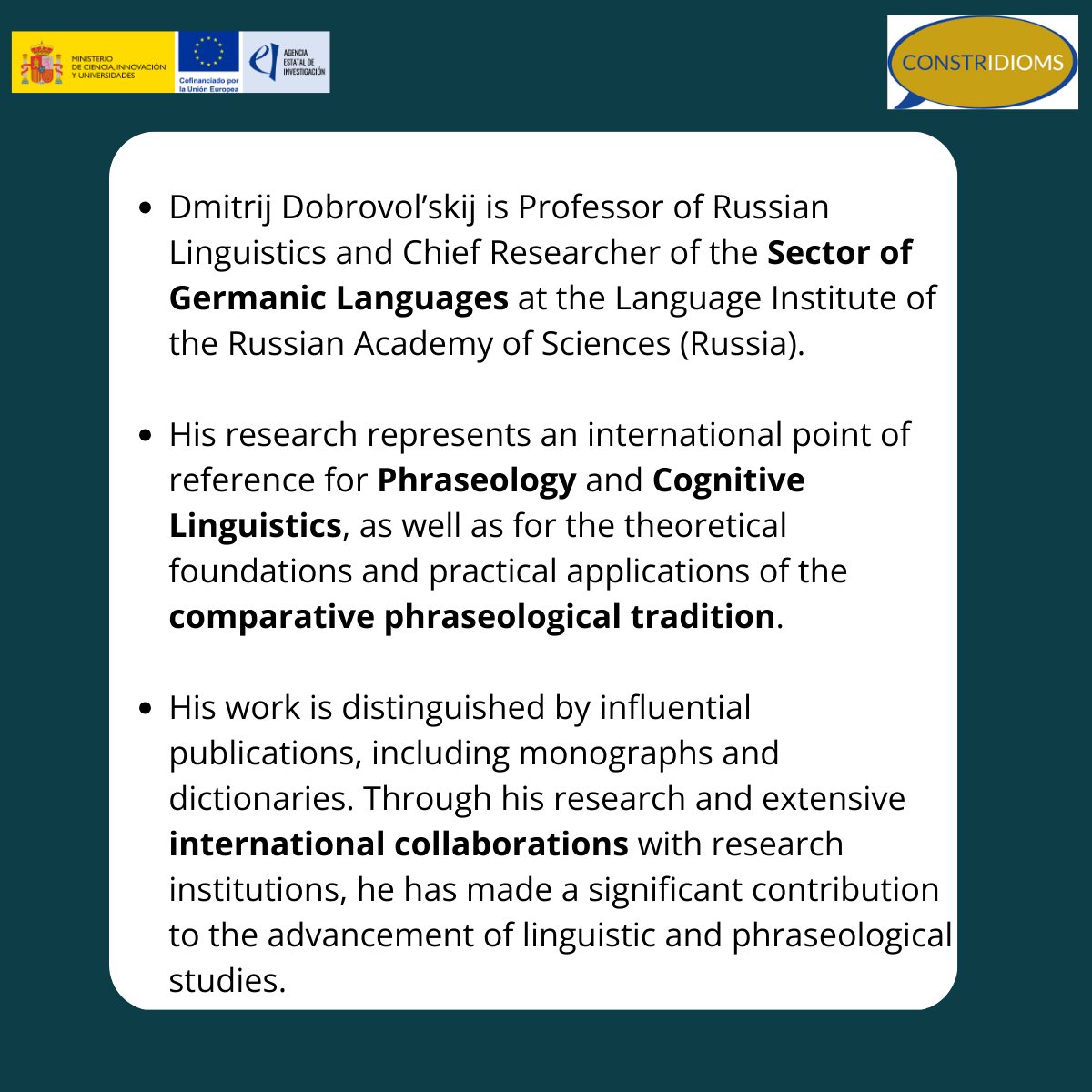creaconstridiom's tweet photo. Meet the Members of CREA-CONSTRIDIOMS (PID2024-161338OB-I00) 

We are delighted to present Prof. Dr. Dmitrij Dobrovol’skij, member of CREA-CONSTRIDIOMS team. https://t.co/3wo47Jnf9h