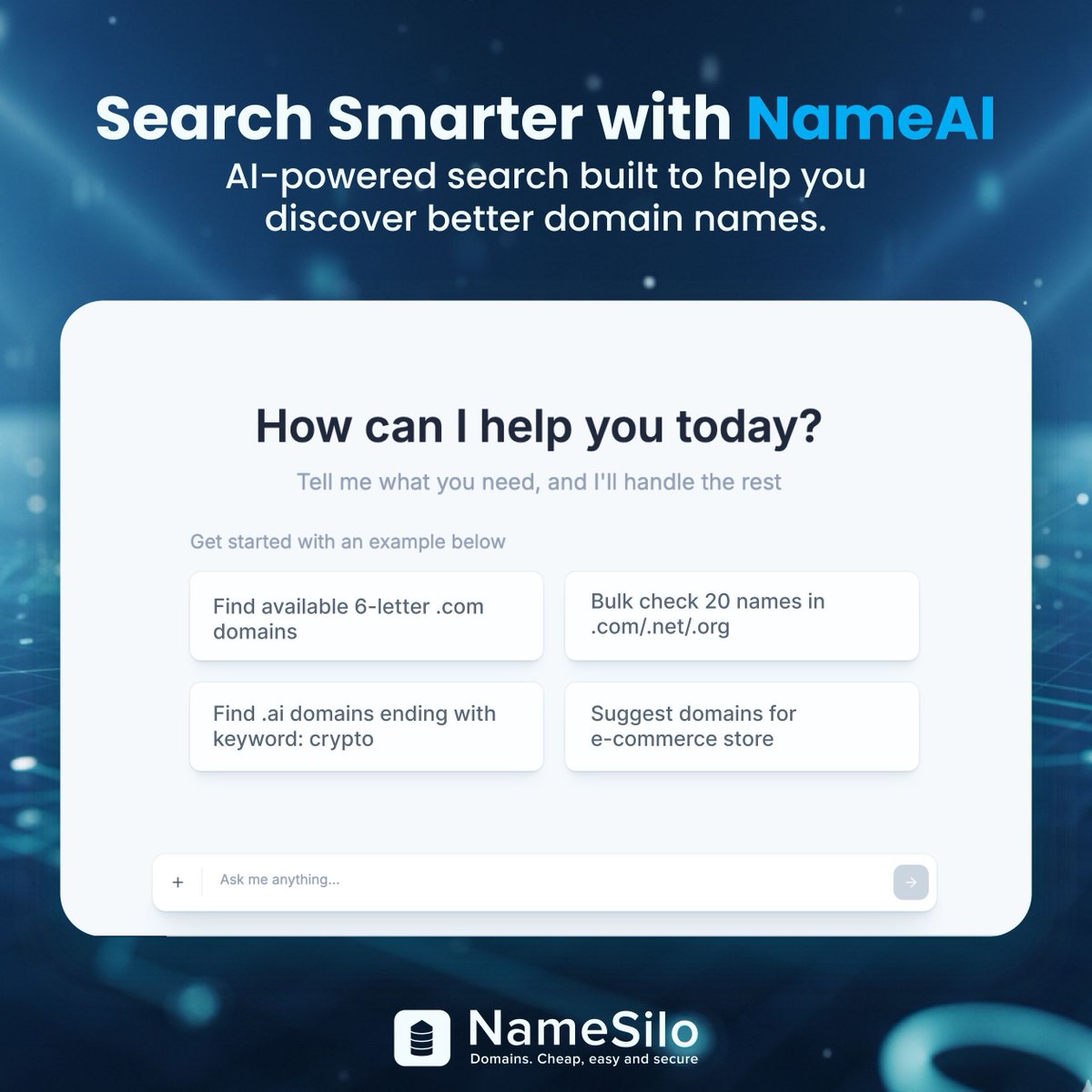 namesilo's tweet photo. Ideas are wild. Finding the name shouldn’t be. ⚡️

NameAI is live at NameSilo. Skip the "already taken" heartbreak and find brandable domains in seconds. 

Claim your name. Build your brand. 👉 https://t.co/7u9eG9xUBx 

#NameAI #DomainNames #NameSilo https://t.co/ohvrRd1CzP
