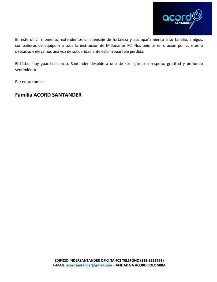 TatisGutierrezA's tweet photo. La familia @acordsantander1, asociación de periodistas, expresa su solidaridad con los familiares, amigos y allegados del jugador santandereano Santiago Castrillón, quien lamentablemente partió al reino celestial tras sufrir un percance de salud mientras jugaba con la categoría Sub-20 del club Millonarios en la capital de la República.
Acompañamos a sus seres queridos en este difícil momento y elevamos una oración por su eterno descanso. 🙏🏽🕊️