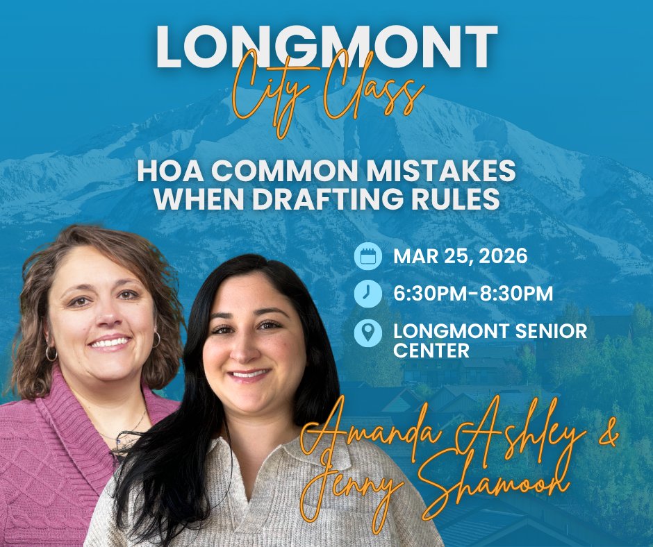 Don't wait to learn how to draft rules for your association, there's still time to register for our free in-person class with the <a href="/cityoflongmont/">City of Longmont, CO</a>! 
altitude.law/events/longmon…