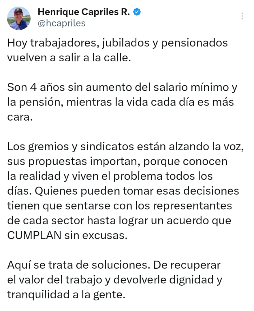 #POLÍTICA | 📌 Henrique Capriles instó a las autoridades a establecer "mesas de diálogo" con los representantes gremiales y sindicatos para alcanzar acuerdos que permitan el "incremento del salario mínimo de los trabajadores"