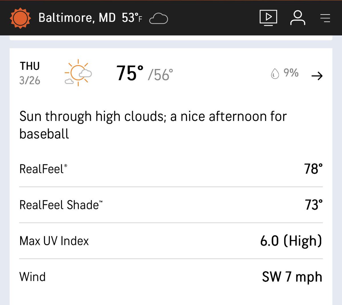 KimSchuss's tweet photo. Oh hell yes, a nice afternoon for baseball indeed! I am begging the baseball gods to hold this forecast in Baltimore for Opening Day ☀️ https://t.co/lOrv0ONO2t