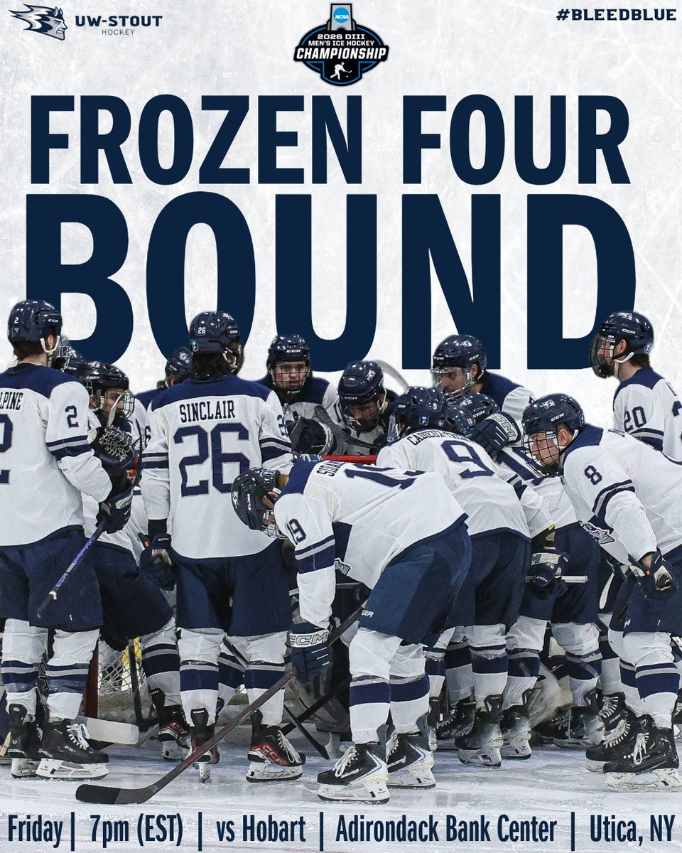 UWStoutHockey's tweet photo. We’re not done yet.

🆚#1 Hobart
🗓️ Friday, March 27th
⏰ 7PM (EST)
📍Adirondack Bank Center

#bleedblue #rolldevs https://t.co/H2fw2rLIpv