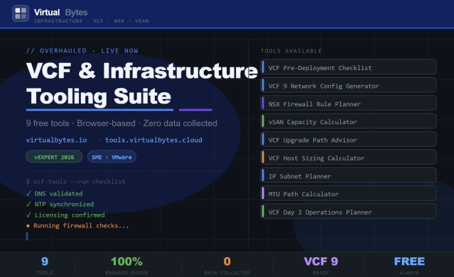 VirtualBytes — Infrastructure Tooling | Browser-based utilities for VCF 9, NSX, vSAN, and networking. No install. Zero data collected. – #vExpert Tommy Grot dy.si/7LCXdW2