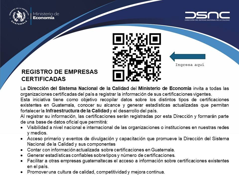 sncalidad's tweet photo. Con el fin de fortalecer el @sncalidad @MINECOGT y mantener datos actualizados se invita a todas aquellas empresas o instituciones en cualquier sector a ser parte de este registro que coadyuva a la competitividad @PRONACOMGT  y en beneficio de los consumidores @diaco_gt https://t.co/d2fgMSxgB8