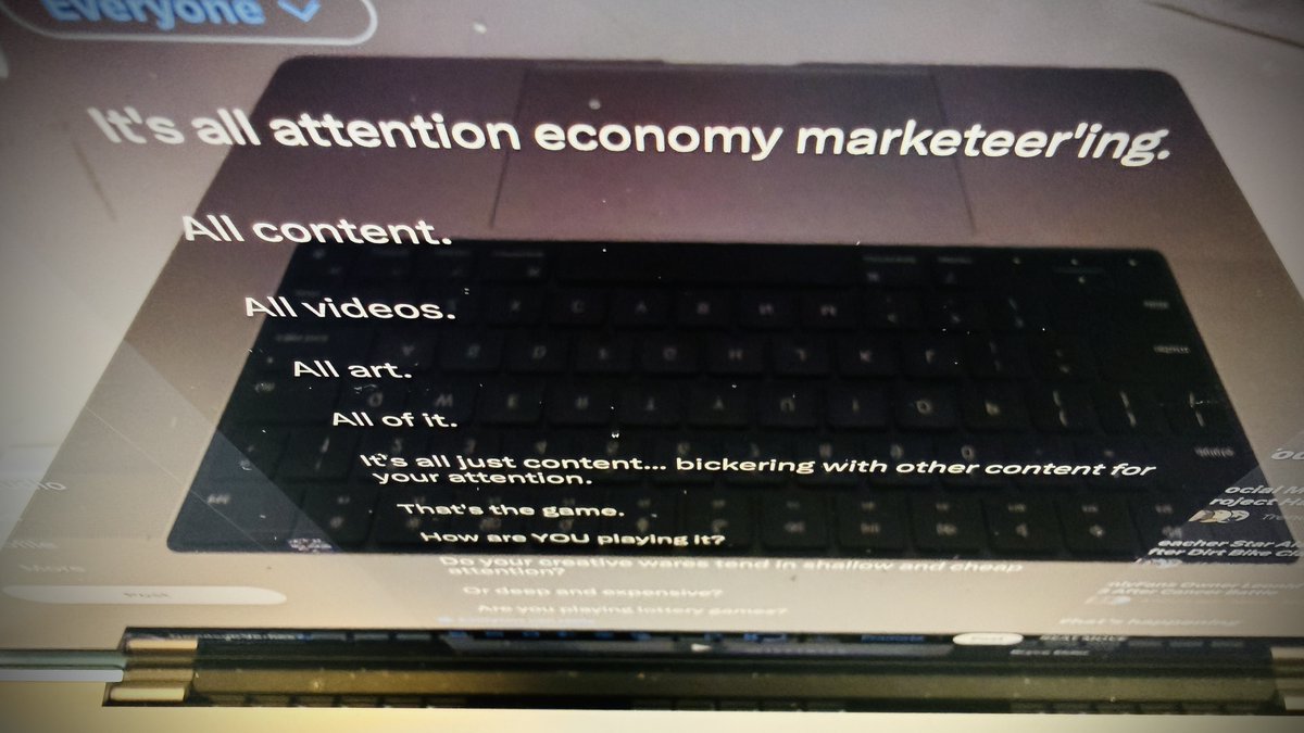It's all attention economy marketeer'ing.

All content.

All videos.

All art.

All of it.

It's all just content... bickering with other content for your attention.

That's the game.

How are YOU playing it?

Do your creative wares tend in shallow and cheap attention?

Or deep