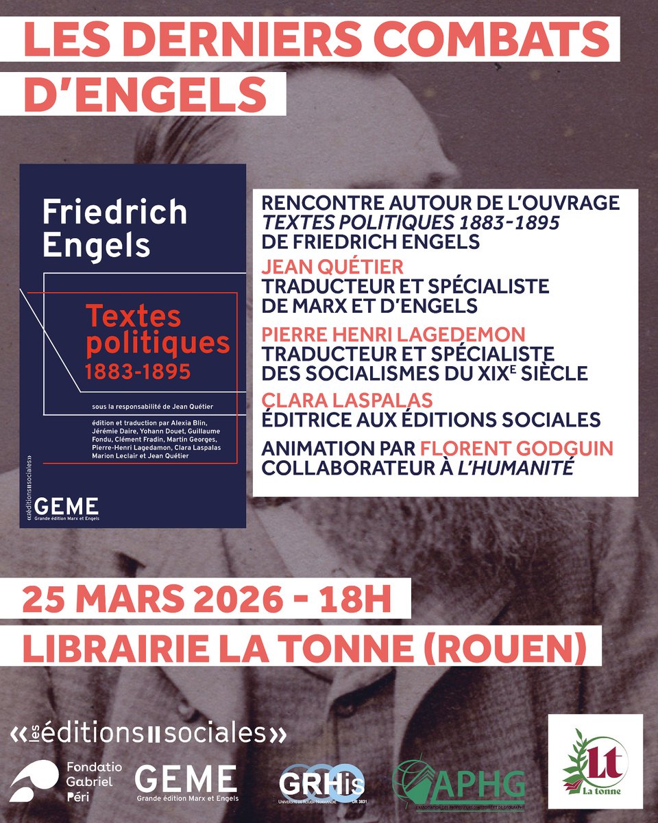 Ed_Sociales's tweet image. Rdv ce mercredi pour discuter des "Textes politiques (1883-1895)" d'Engels, en librairie le 3 avril !