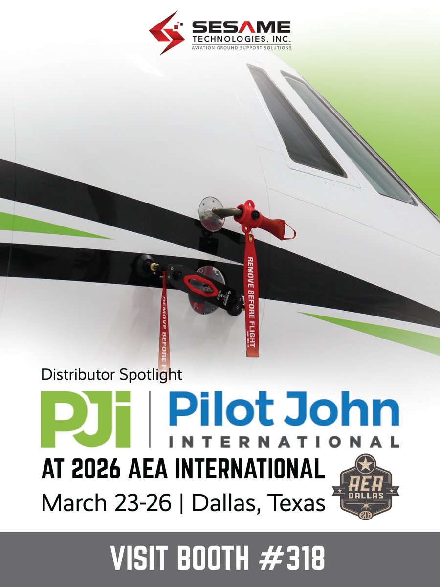 SesameTechInc's tweet photo. Our distributor, @pilotjohn, is exhibiting at the 2026 AEA International Convention &amp; Trade Show, today through March 26 in Dallas, Texas.

Visit booth 318 to learn more about their ground support equipment offerings.

#PJi #FlightReady @AEA_aero #bizav #gse https://t.co/QF6kCdyvxF