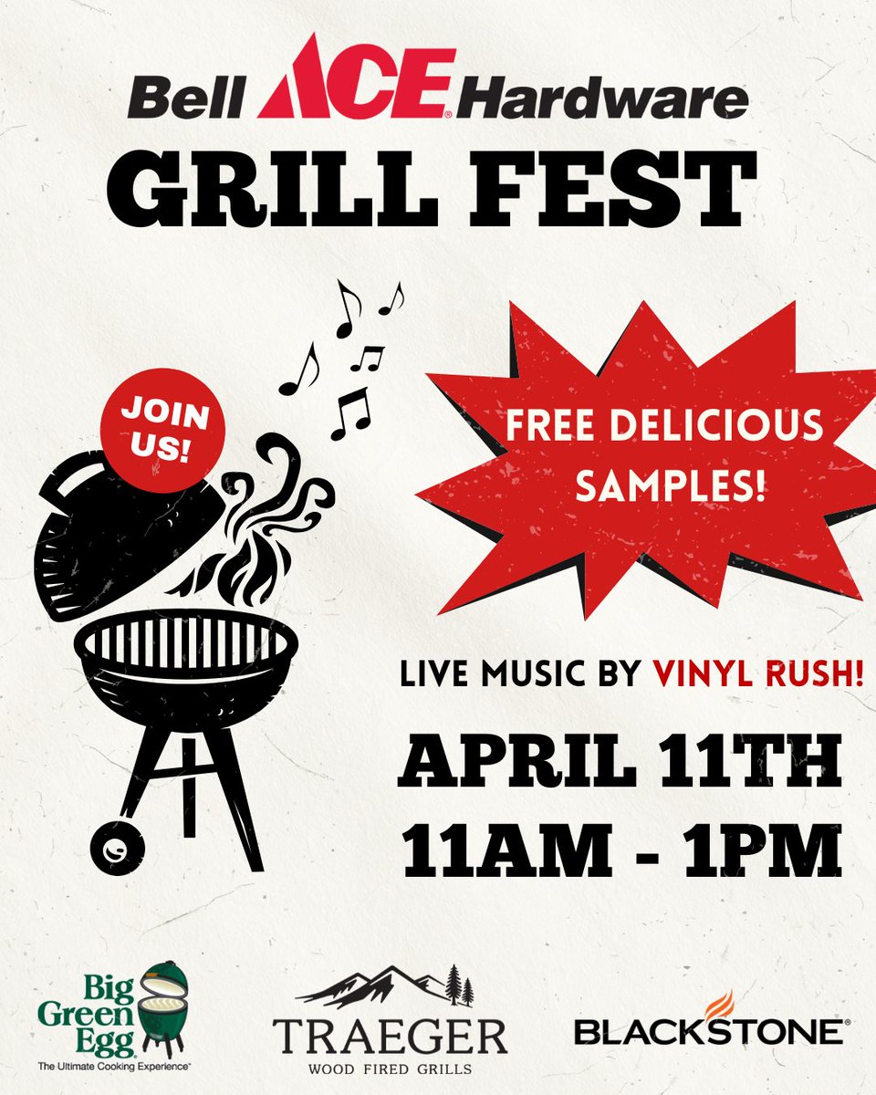 BellAceHardware's tweet photo. Join us for a day full of flavor, fun, and live music at the Bell Ace Hardware Grill Fest!

Enjoy FREE delicious samples, check out top grills from Big Green Egg, Traeger, and Blackstone, and hang out with us while listening to live music by Vinyl Rush!

Whether you're a... https://t.co/73ThVE15E3
