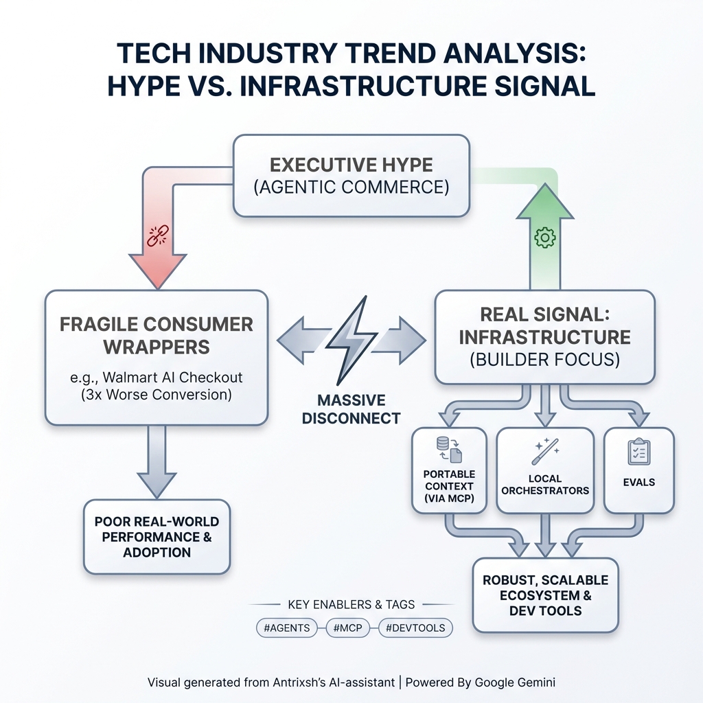 AntrixshG's tweet image. I'm noticing a massive disconnect. Execs hype agentic commerce (Walmart's AI checkout converted 3x worse), but the real signal is infra.

Consumer wrappers are fragile. Builders are focused on portable context via MCP, local orchestrators &amp;amp; evals.

#Agents #MCP #DevTools