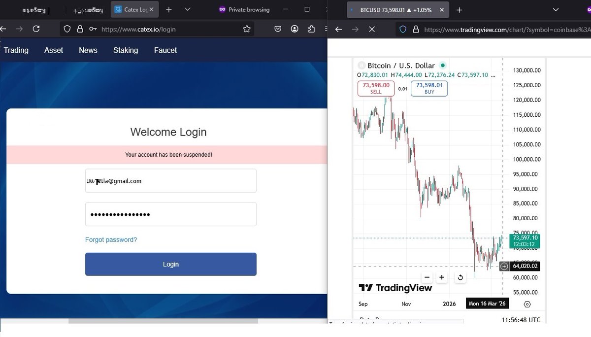 kesgart's tweet photo. @VitalikButerin @ladislaus0x @VitalikButerin, while you discuss verification, @catexofficial COO @CameronKallhoff manually blocked my liq 1.348 #BTC ($95k) since 2020! "System flagged no one but you" — his words. Their Hot Wallet (0x7A56...CD5f) has ONLY ~$100k. Insolvent #scam! Evidence 👇 https://t.co/qIuITXMCw7