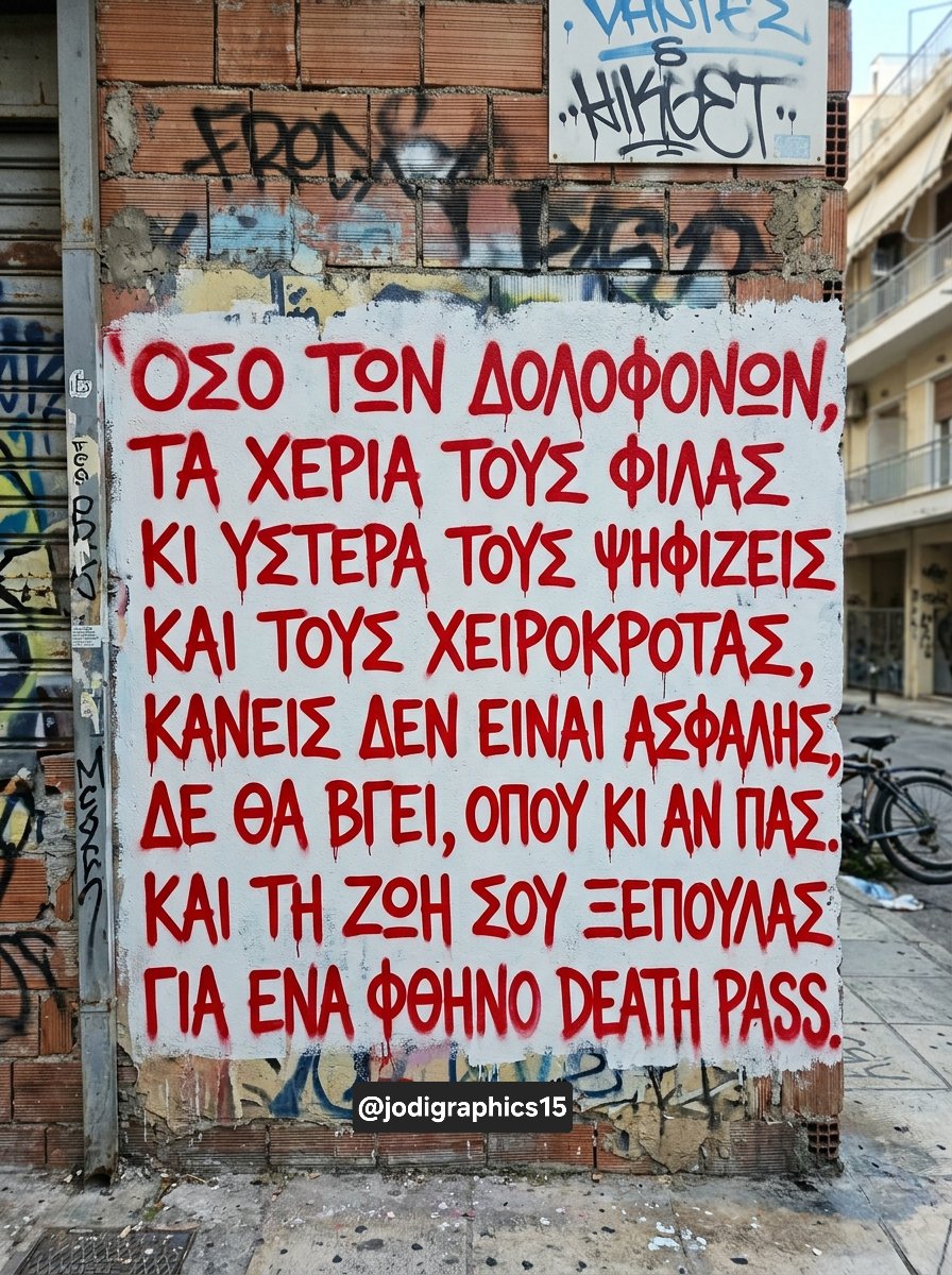 jodigraphics15's tweet photo. Όσο των δολοφόνων
τα χέρια τους φιλάς
κι ύστερα τους ψηφίζεις
και τους χειροκροτάς
κανείς δεν είναι ασφαλής
δε θα βγει, όπου κι αν πας
και τη ζωή σου ξεπουλάς
για ένα φθηνό death pass https://t.co/WavYW4lPCF