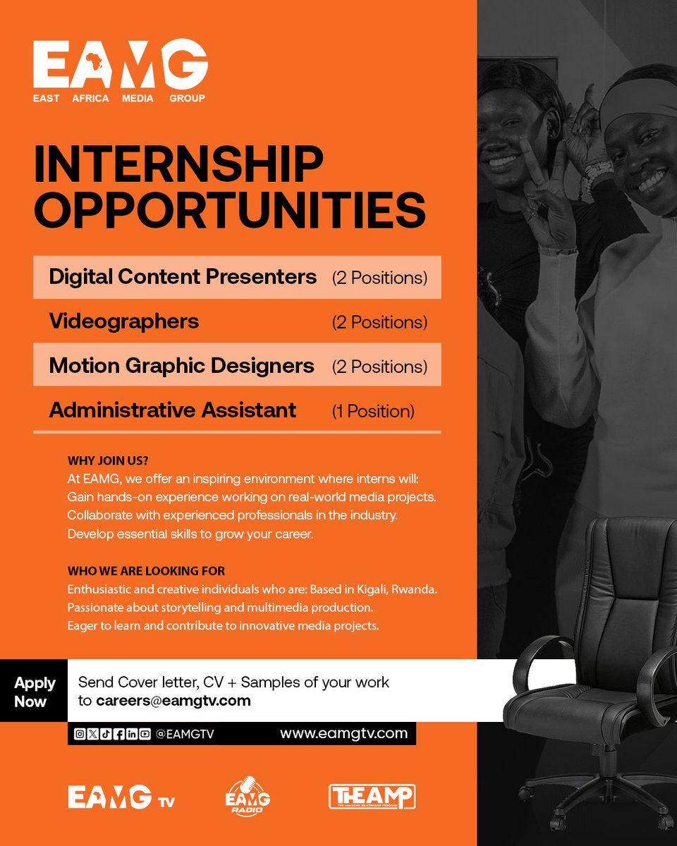 EAMGtv's tweet photo. Ready to kickstart your career in media? We’re looking for passionate, creative individuals in Kigali to join our team.

Open positions:
• Digital Content Presenters (2)
• Videographers (2)
• Motion Graphic Designers (2)
• Administrative Assistant (1)

Gain hands-on experience, work on real projects, and grow your skills alongside industry professionals.

📩 Apply now: careers@eamgtv.com
🌐 https://t.co/73Reqj5hcT