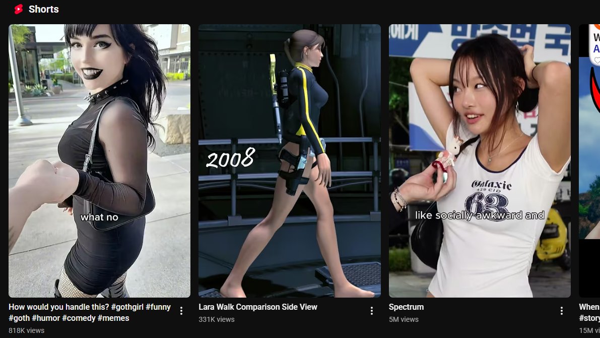 I use a new Google Account to find effects or clips for my videos (to avoid it messing  up my algo).

After just searching for sound effects, game clips or memes, THIS is what is recommended to me for shorts?! 

Is this what YT pushes to kids new to YT? It's just gooner bait!