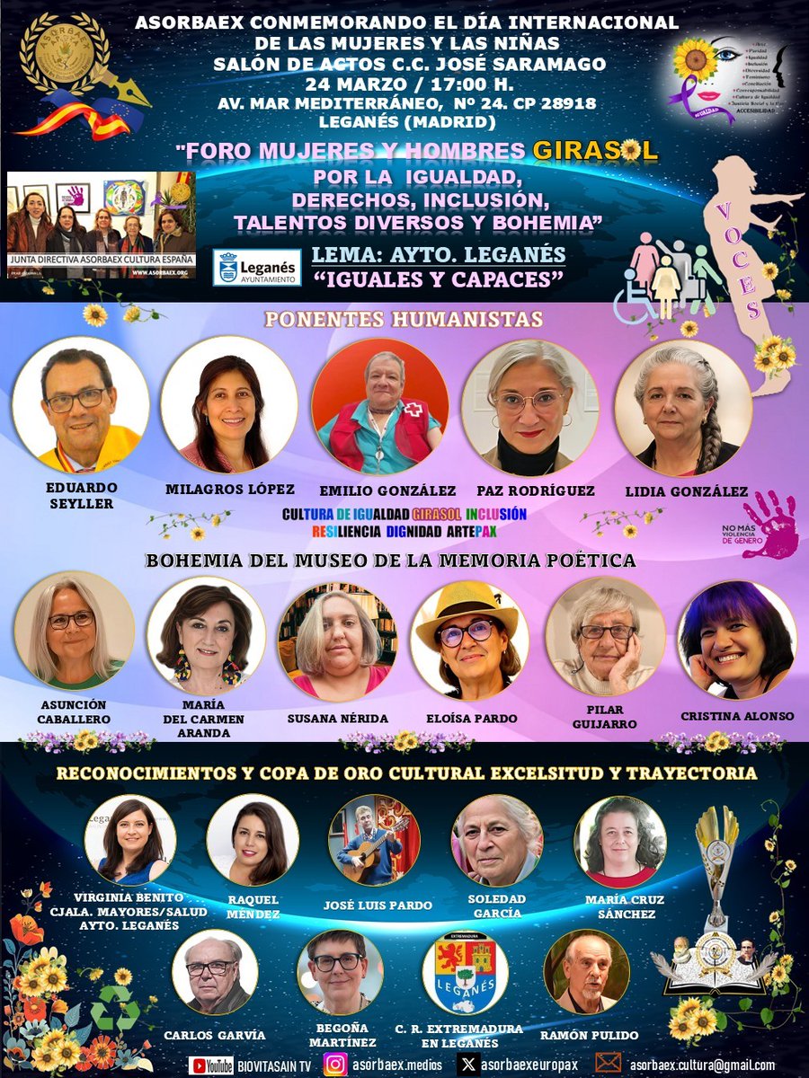 AsorbaexEuropax's tweet photo. #ASORBAEX mañana 24 de marzo te esperamos Foro Mujeres Girasol Por La Igualdad, Derechos, Inclusión, Talentos Diversos y Bohemia con ponencias, recital poético, presentaciones literarias y música #DíaInternacionaldelaMujer 17h CC José Saramago #Leganés ENTRADA LIBRE. ACOMPÁÑANOS https://t.co/1y2YIxaGWh