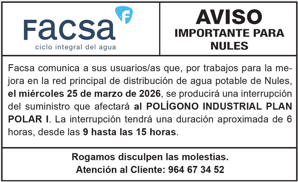Facsa_es's tweet photo. ⚠️ AVISO #Nules: mañana 25/03, por trabajos de mejora en la red, se producirá un corte de suministro. Disculpen las molestias. #Facsa
@NulesInfo https://t.co/ksbByvnekW