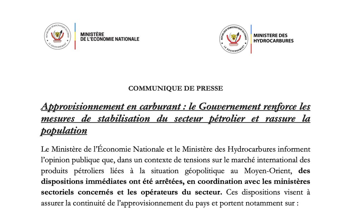 Ministère de l'Économie Nationale, RDC tweet media