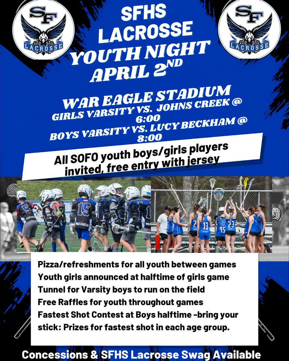 SFHSLAX's tweet photo. Youth Night - Thursday, April 2nd.

Free admission when you wear your SOFO jersey!

SFLAX Varsity Girls at 6PM.
SFLAX Varsity Boys at 8PM. https://t.co/DXKClo3FIS