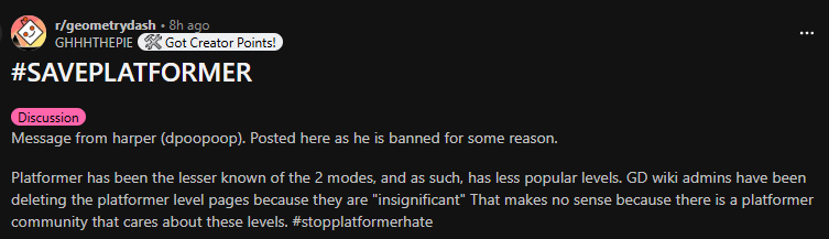 hHypercubism's tweet photo. No llevamos ni media semana con la nueva wiki de GD y ya hay un movimiento llamado #SAVEPLATFORMER por parte de Harper (dpoopoop) porque los admins de la wiki decidieron que glungus y otros niveles populares de plataforma no eran importantes para aparecer en la wiki oficial https://t.co/uOfuXpQDmd
