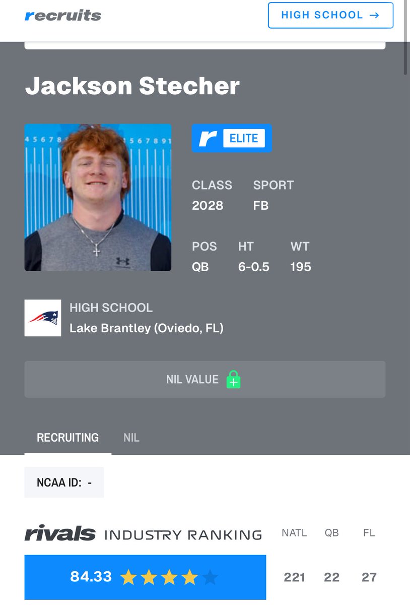Congratulations to 2028 QB Jackson Stecher on receiving his 4th⭐️ 3 plus years of hard work and more work to do. Proud of you and your development #QsWork 🔴⚪️🔵

<a href="/JacksonStecher9/">Jackson Stecher</a> 
<a href="/LBHSfootball/">Brantley Football</a>