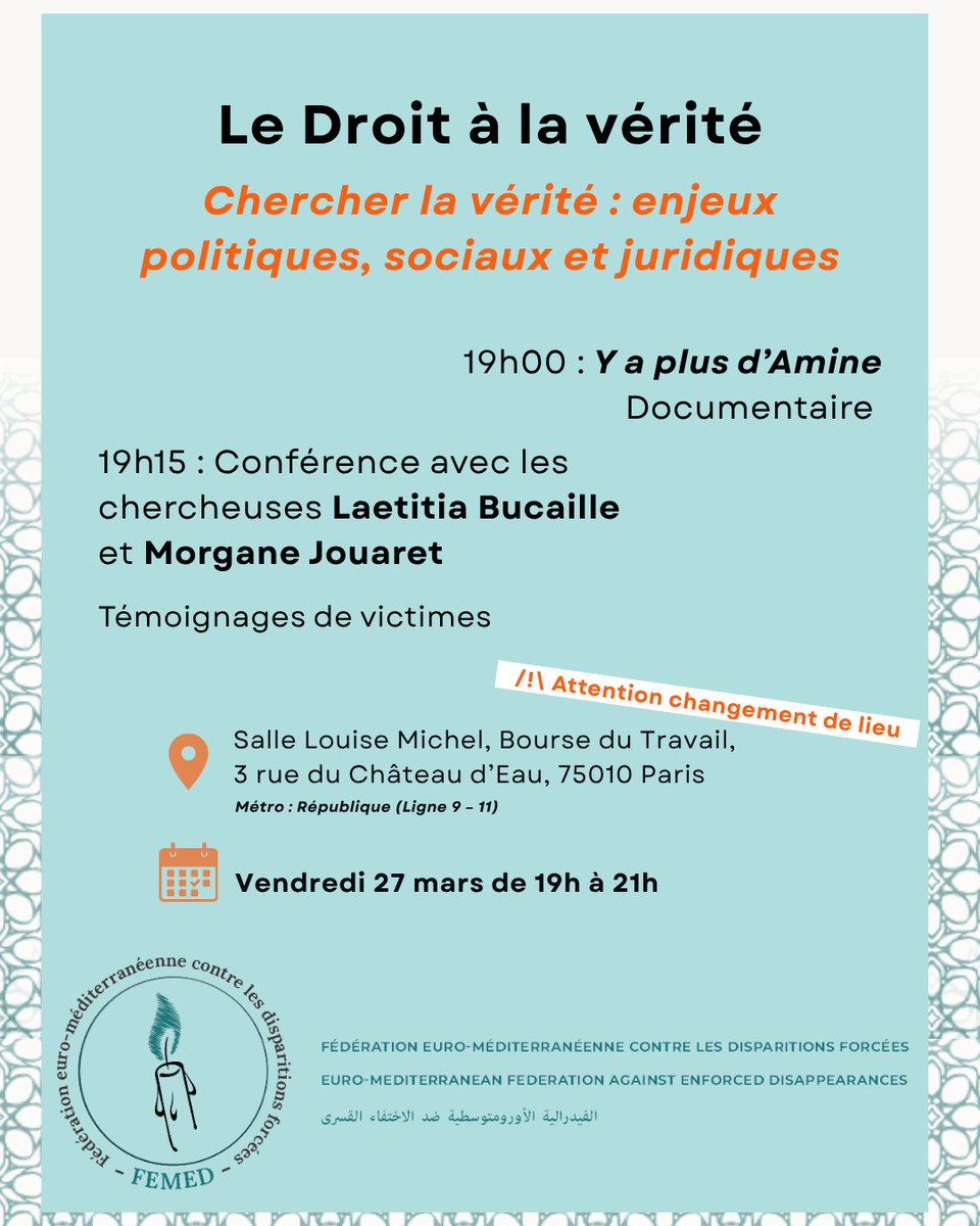 femedonline's tweet photo. 📣 INVITATION Conférence – Droit à la vérité
INSCRIPTION OBLIGATOIRE : https://t.co/SP8sSNoDYH
Documentaire, puis conférence avec 2 chercheuses

📅 Vendredi 27 mars
🕖 19h – 21h

📍 Salle Louise Michel
Bourse du Travail
3 rue du Château d'Eau
75010 Paris https://t.co/bCTiOeX53r