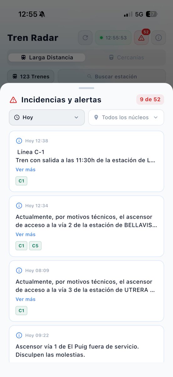Versión 1.1.0 de Tren Radar  🚄📡 ya disponible!
Novedades:
- Incorporación de GTFS RT.
- Añadido alertas e incidencias de RENFE.
- Mejor control de retraso por parada.
- Rutas Larga Distancia mejoradas mostrando la geometría real de las vías.
- Accesibilidad: icono de silla de