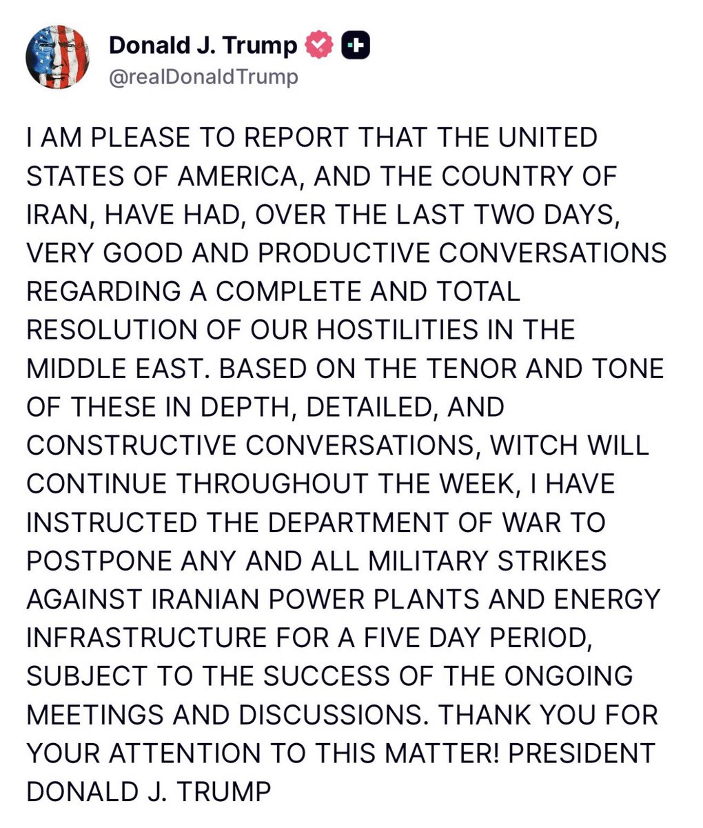 asmashirazi's tweet photo. Iran’s response still pending yet very important tweet by President Trump which means: 

• The 48-hour deadline for strikes stand terminated.
• The United States realised it cannot win a war against Iran as Iran has successfully spread it to the region. So US has no option but to opt for table.
• A new wave of Iranian attacks has forced Washington to step back, amid extensive damage inside Israel.
• U.S. officials now appear to recognize that Iran is willing and able to carry out its retaliatory threats.
• Gulf states have refused to join the war against Iran.
• Iran maintains firm control over the Strait of Hormuz.
• Efforts aimed at regime change in Iran have not materialized.
• The U.S. president cannot  declare victory over Iran.

So this tweet confirms U.S. steping back from a war which could not win support from the world.