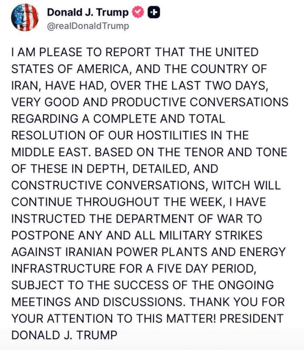 BREAKING : #ทรัมป์ ประกาศพักรบ สั่งระงับการโจมตีอิหร่าน 5 วัน เผยการเจรจายุติความขัดแย้งในตะวันออกกลางคืบหน้าไปด้วยดี

ประธานาธิบดีโดนัลด์ ทรัมป์ โพสต์ข้อความผ่านทรูธโซเชียล เมื่อเวลาประมาณ 18.15 น. ที่ผ่านมา ตามเวลาในไทย โดยระบุว่า

"ผมมีความยินดีที่จะรายงานว่า