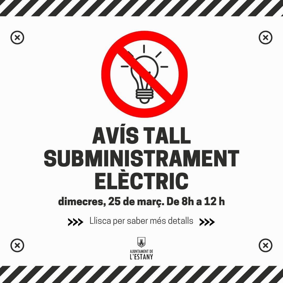 AjEstany's tweet photo. 💡Tall de subministrament elèctric
🗓️ Dimecres, 25 de març
⏰ De 8h a 12h
📍Diversos carrers (veure imatges de la publicació)

➕INFORMACIÓ A
https://t.co/njkWs1yiSq https://t.co/kPJnZRujQn