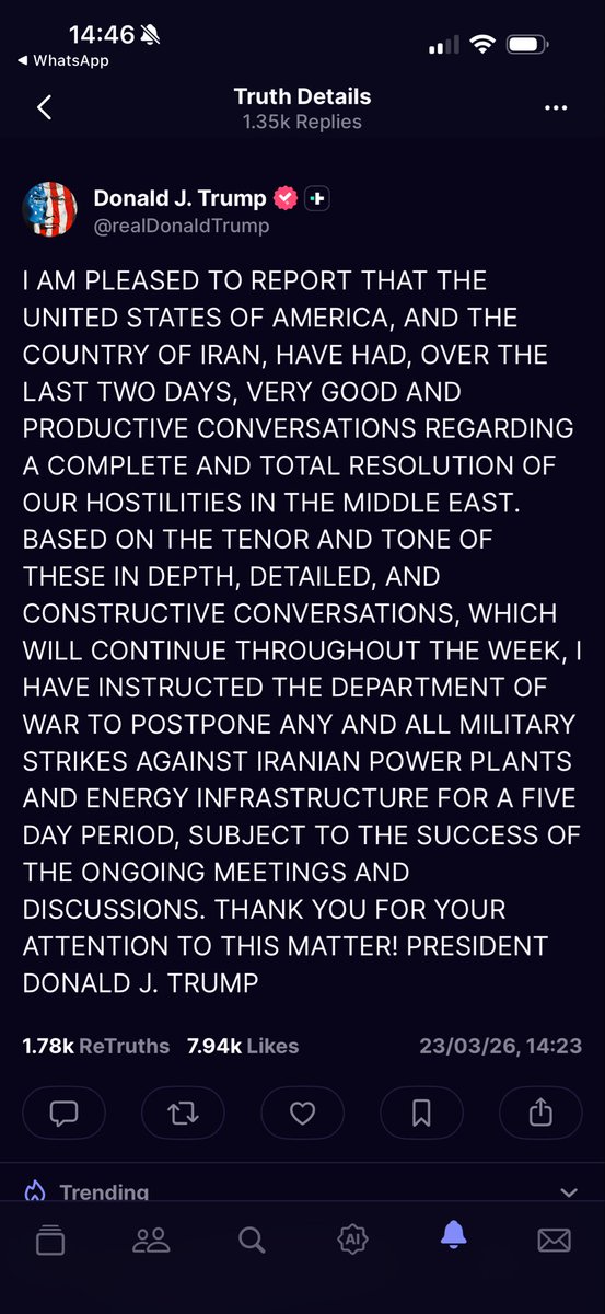 تغريدة ترامب في منصة تروث عن تمديد مهلة فتح مضيق هرمز امام النظام الايراني 

استخدم مسمى لافت لايران 

THE COUNTRY OF IRAN
بلد ايران 

نفى عن حكومتها صفة الدولة والاسلام ،، الدبلوماسيين الذين يقرؤون تغريدتي يفهمون ابعاد هذا المسمى .. سانتظر ايام واعود للتفسير ان شاء الله