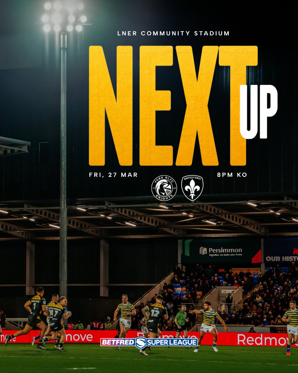 𝙉𝙚𝙭𝙩 𝙪𝙥.

This Friday, the Knights host <a href="/WTrinityRL/">Wakefield Trinity</a> in Round 6 of the Betfred Super League at the LNER Community Stadium (8pm KO)

🎟️ Tickets here: yorkrlfc.com/tickets

#OurEra | #ThisIsYork ⚔️