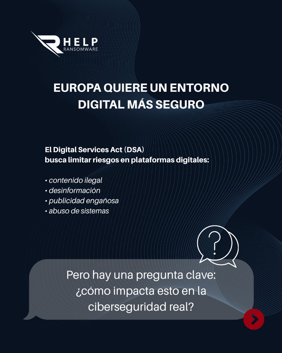 HRansomware's tweet photo. El Digital Services Act busca un entorno digital más seguro en Europa.

Pero el ransomware no depende solo de la regulación: muchos ataques empiezan con phishing o credenciales comprometidas.

¿Se puede frenar realmente los ciberataques?

https://t.co/fD9KFsRw4z

#helpransomware https://t.co/NJ2Tqr8W72