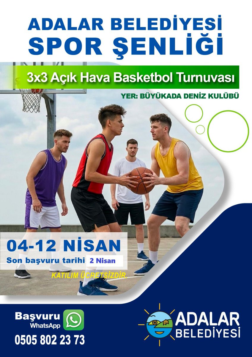 adalarbld's tweet photo. Spor Şenliğimiz Başlıyor! 

Tenis, masa tenisi, açık hava basketbol ve halı saha futbol turnuvalarımıza geri sayım başladı! 

📅 Turnuva Takvimi & Yerleri: 
Masa Tenisi: 4-5  Nisan | Büyükada Anadolu Kulübü
Basketbol: 4-12 Nisan | Büyükada Deniz Kulübü  
Tenis: 11 Nisan - 24 Mayıs | Büyükada Deniz Kulübü 
Futbol: 25 Nisan - 24 Mayıs | Heybeliada İBB Halı Sahası 

Kayıt İçin:  📷0505 802 23 73