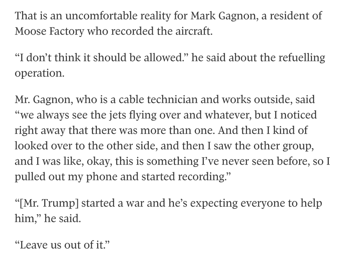 NEW: Canada is lending its airspace to US illegal war on Iran: B2 bombers are refueling above us.

Mark Gagnon, Moose Factory resident who filmed it:
“I don’t think it should be allowed.” 
Trump started a war and he’s expecting everyone to help him--Leave us out of it.”