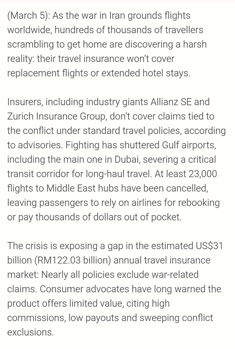 lorettabagg's tweet photo. Most people don't realise this but insurance doesn't work during war. There's a clause for war and god made disasters. 

You get travel insurance to cover health issues and other cancelations. I repeat, really reconsider all travel for the next few months. Don't get stranded https://t.co/1a1cKYci3U