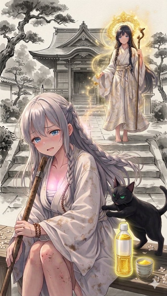 #九人九色展 に参加させていただきます😊

七面山修行の途中で——

“ちょっとだけ、救われた気がした。”

👧ミロクちゃん
「……もう、無理なのじゃ…」

石段の途中で座り込む背中。
息も、気持ちも、限界ギリギリ。

そのとき——

そっと、触れたぬくもり。

👧「……あったかいのじゃ」

気づけば、