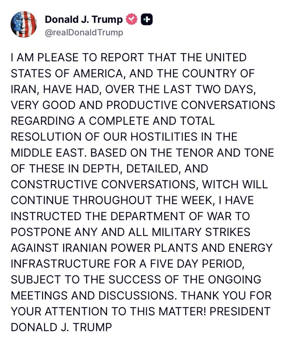 ट्रम्प ने अगले पाँच दिन ईरान पर स्ट्राइक रोक दी है, कहा है कि डिस्कशन अच्छी दिशा में है।

इस युद्ध से भारत का नुक़सान चाह रहे विपक्ष में शोक की लहर छा जाएगी।