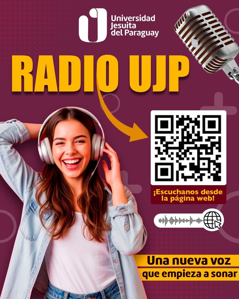 ¡La UJP ya tiene voz propia!
Dale play a lo que todos van a estar escuchando.

Programas, música y contenido pensado para vos.
Escúchanos en vivo desde nuestra web escaneando el QR.

Una nueva voz que empieza a sonar… y vos sos parte.