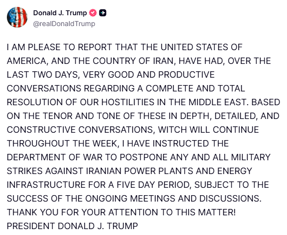 CryptoBullisher's tweet photo. #Ceasefire
BREAKING: Trump announces halt to any plans for strikes on Iranian power plants

#us #Israël
#IranWar‌ #iran #crypto https://t.co/1IgAALqhMB